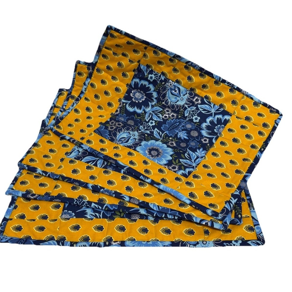 4 Placemats Reversible Country French/ Farmhouse Cotton  Gold/Blue‎ 17 x13